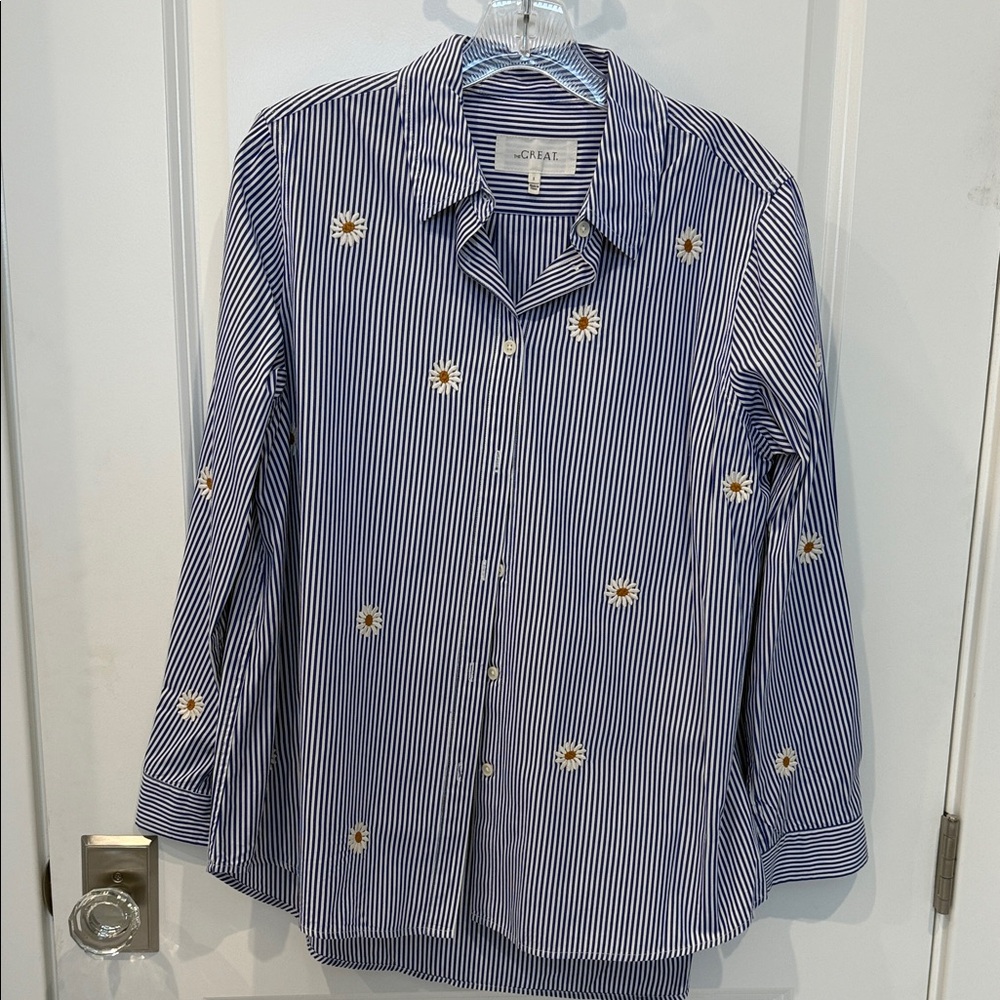 THE GREAT. Blue Striped Shirt with Daisy Embroidery